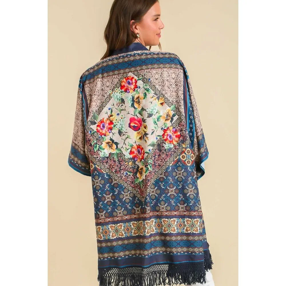 Umgee Full Size Fringe Hem Open Front Printed Kimono Sleeve Cover-Up Plus Size - Picture 3 of 3